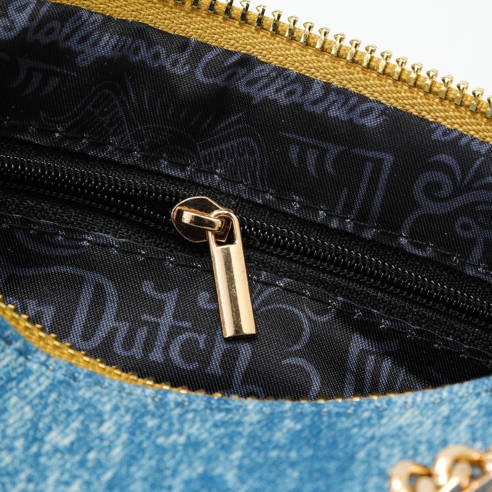 Von Dutch Denim Barrel Bag Y2K Blue Multi Logo Patch Gold Chain Strap Small - Picture 9 of 9